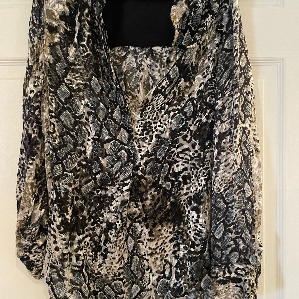 Alice + Olivia Black and Cream Snake-Print Sheer Blouse